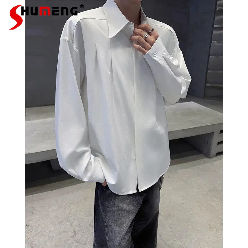 

2025: мужские весенне-осенние нишевые плиссированные однотонные рубашки, мужские трендовые свободные удобные рубашки с длинными рукавами, простые красивые мужские топы