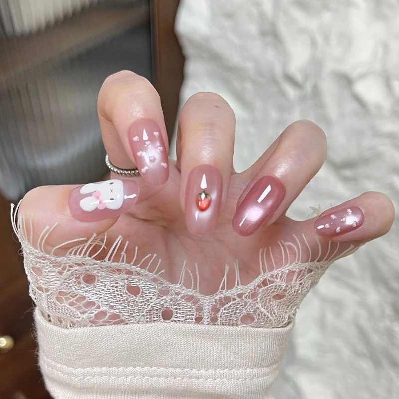10 Stück Niedliche 3D Polka Dot Hasen Neue Katzenaugen Nagelkunst Kurze Mandel-Form Liebliche Erdbeer-Kaninchen Wiederverwendbare Nagelaufkleber Aufklebbare Nägel – Detail 11