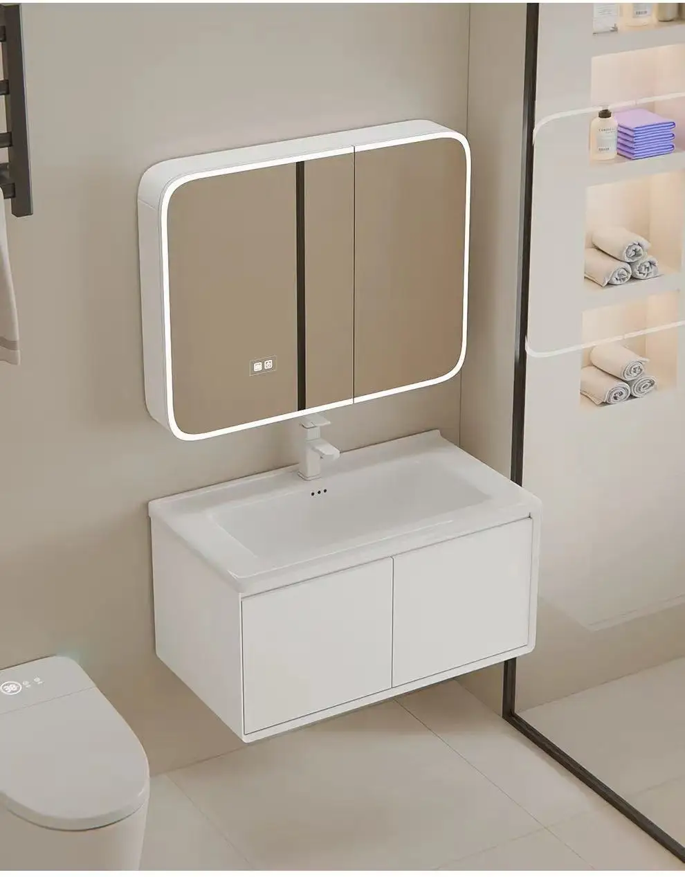 70cm Modern Minimalist Wall-Mounted Hotel Apartment Bathroom Vanity Unit White LED Illuminated Mirror Cabinet Countertop Storage view 2