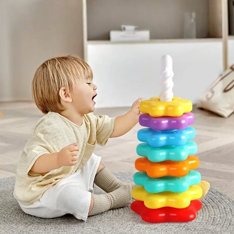 1 Set Baby Stacking Puzzle Toys Montessori Rotating Rainbow Tower Safety And Environmental Protection Colored Children's Toy
