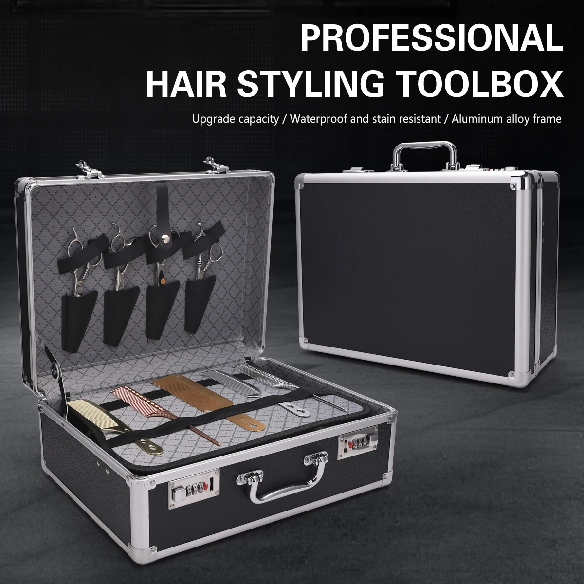 

Sliver Aluminum Tool Storage Box Password Lock Portable Suitcase Professional Hairdressing Large Capacity Salon Carrying Box