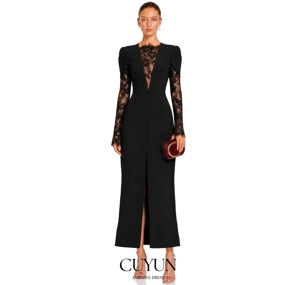 CUYUN Customized Lace Patchwork Women Formal Dresses Long Sleeves Ankle-Length Party Gown Wedding Guest Dress for Dinner