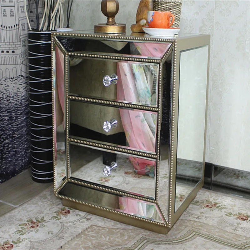 European style mirror glass solid wood silver finish bedside table for bedroom