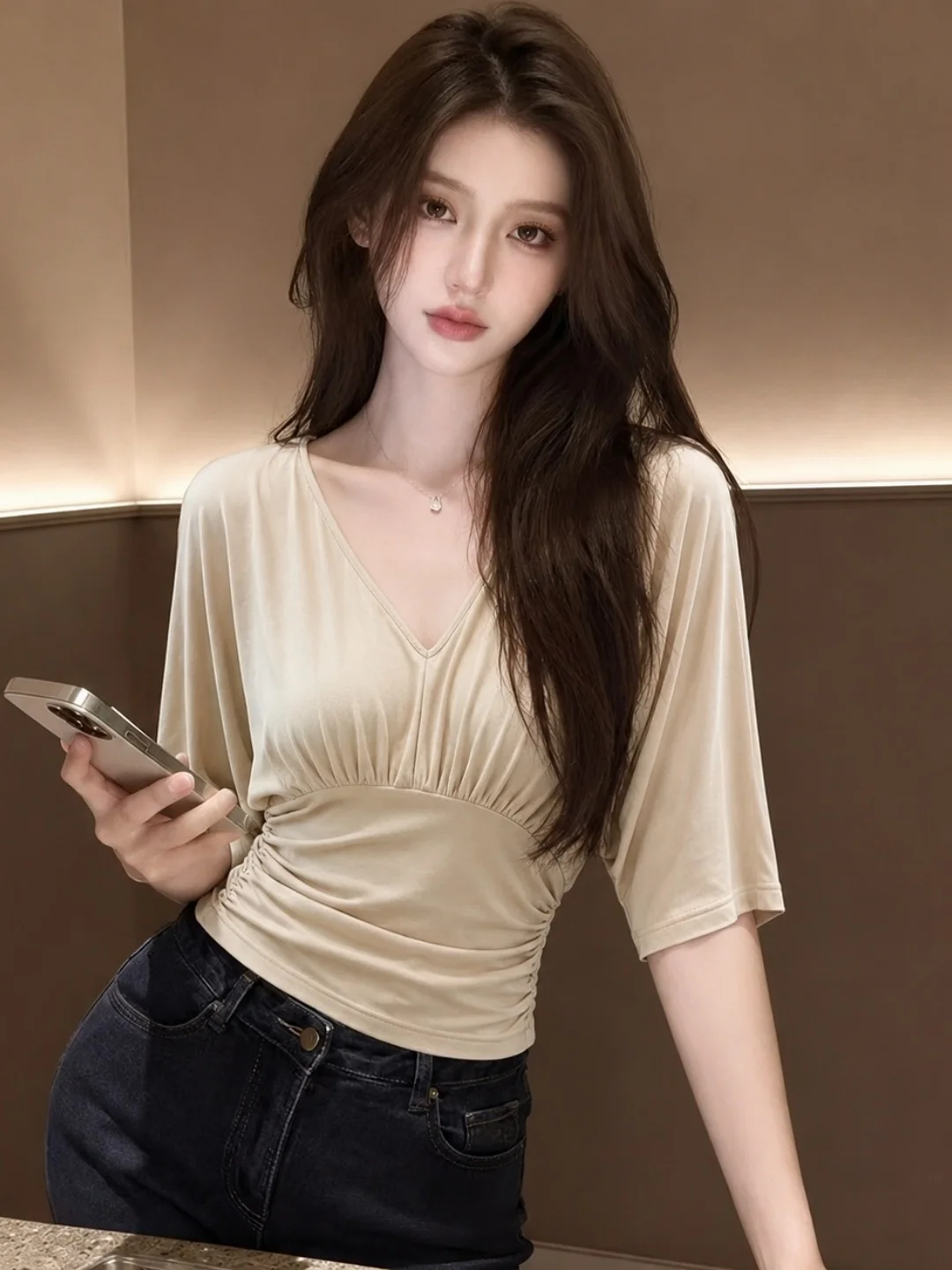 

Elegant Slim Fit V-Neck Top Comfortable Sexy Summer Fashionable Design Korean Style Short Sleeve Pure Color Business Casual