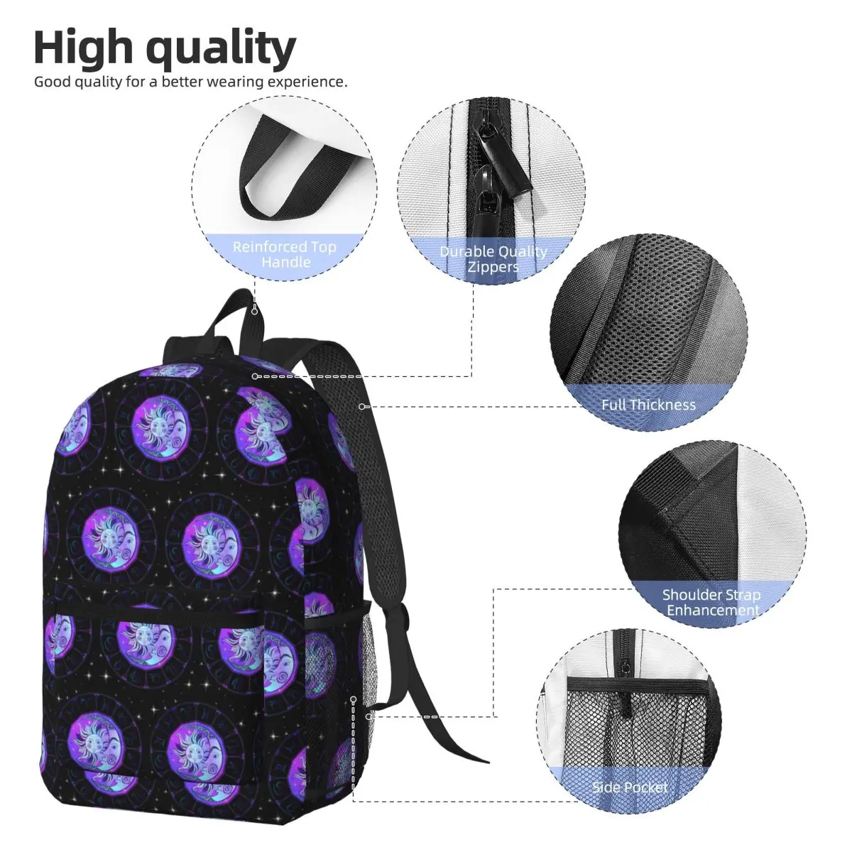 Zodiac Wheel Space Purple Backpack Daypack Large Capacity Children BookBag School Bag Shoulder Bags for Men Women