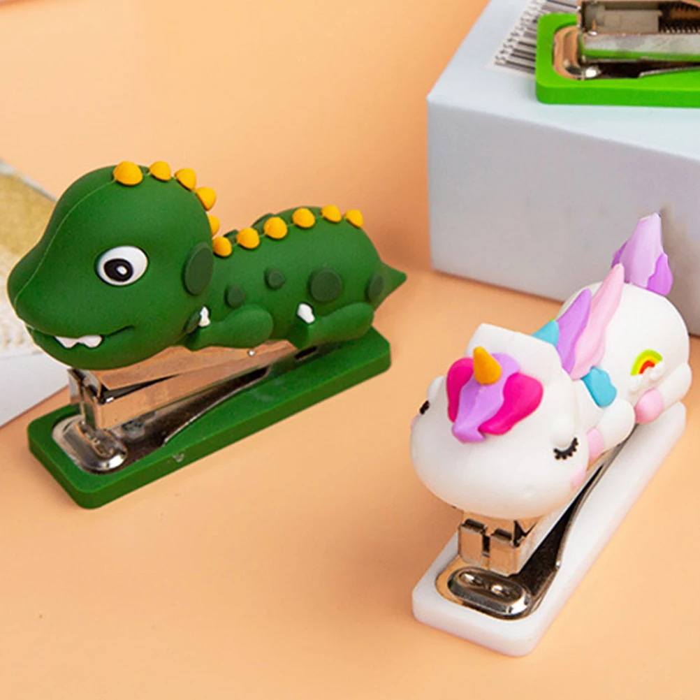 

1PC Mini Stapler Dinosaur Cute Cartoon Office Decor Desktop Portable Silicone Stainless Steel Reusable Paper Tool for Office
