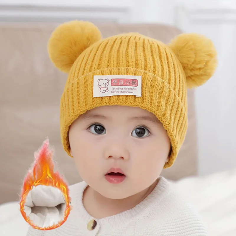 1-4PCS Cotton Lined Bear Ear Knitted Hat Thick Warm Winter Beanie for Newborn Infant Baby Boys Girls Thick Bear Hat