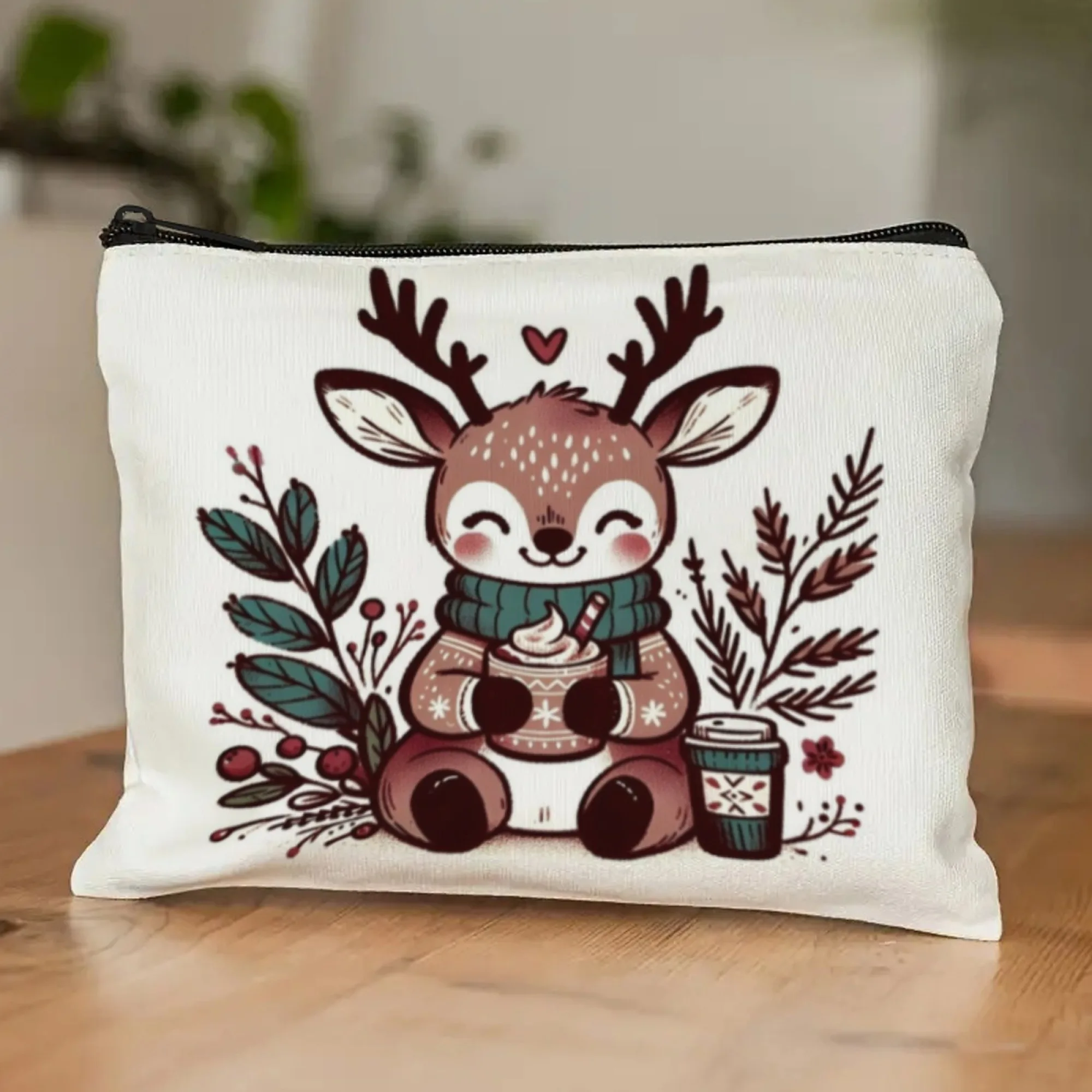 حقيبة مكياج شتوية لطيفة على شكل غزال، سترة مريحة مطبوعة بسحاب، حقيبة خفيفة الوزن للسفر، منظم مستحضرات التجميل، حقيبة أدوات الزينة الحيوانية الرائعة