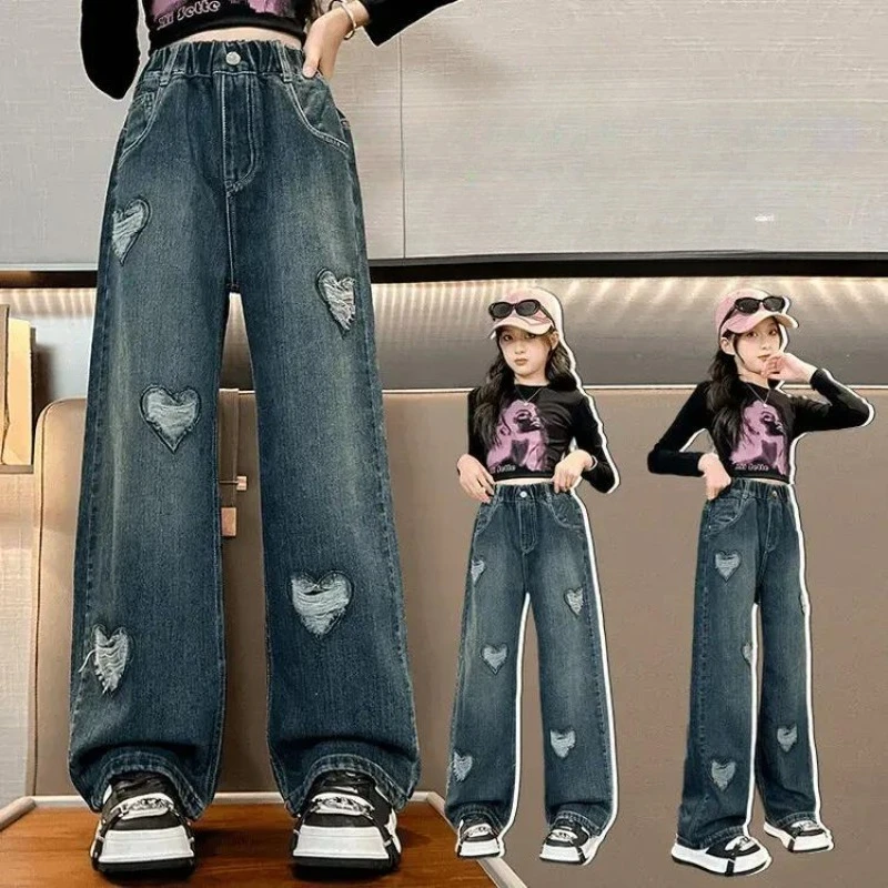 

Teens School Children Trousers Spring Star Design Casual Loose Jeans for Girl Elastic Waist Fashion Kids Straight Pants Hot Sale