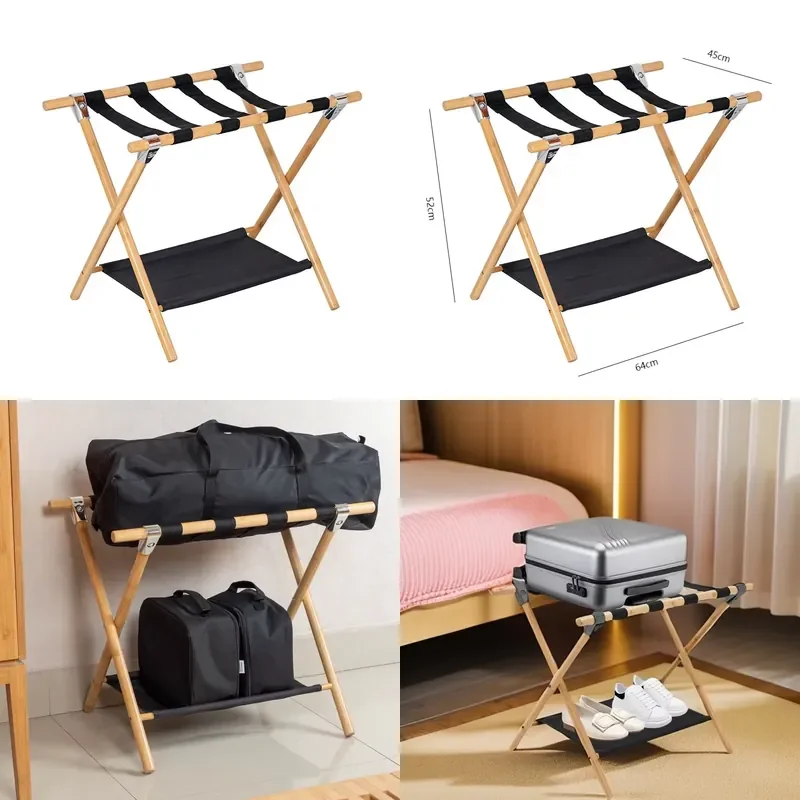 for Convenient Bamboo Wood Folding Luggage Rack with Bottom Shelf Suitable for Hotels and Guestrooms