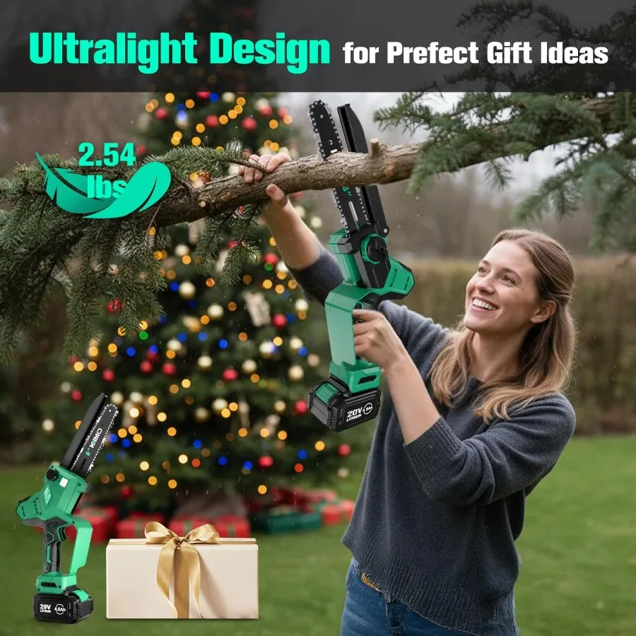 Mini motosierra inalámbrica de 8 pulgadas con 2 baterías de 4,0 Ah y cargador rápido Cadena eléctrica de mano de corte de alta potencia de 34 pies/s