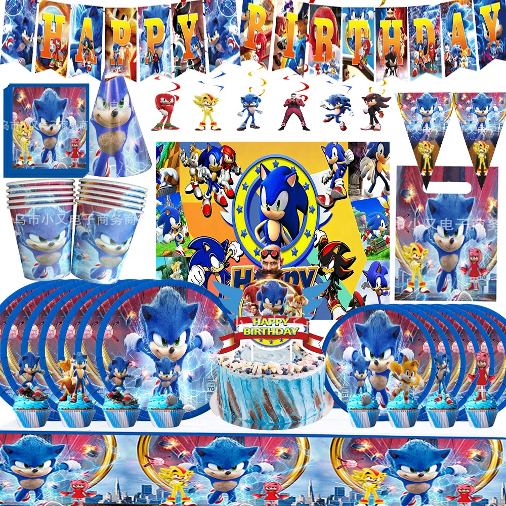 

Blue Hedgehog Theme Kids Birthday Party Tableware Plate Cup Tablecloth Banner Speed Game Backdrop Balloon Boys Gift Decorations