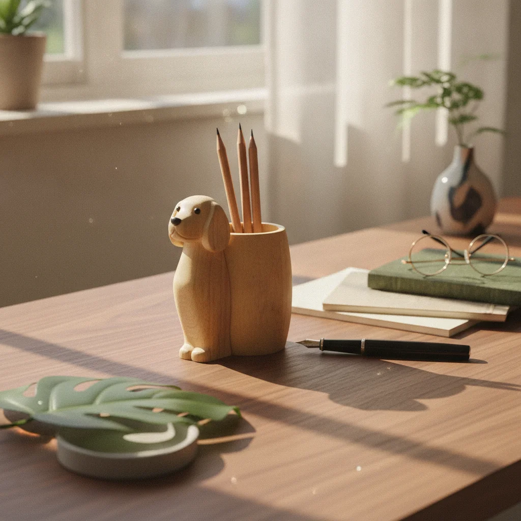 Porte-stylos Chiot Assis Natural Wood Grain Puppy Pencil Holder Cute Desk Item with Floppy Ears for Study Table
