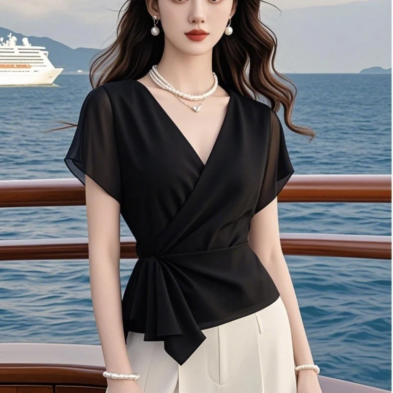 Women's Elegant V-Neck Solid Pleated Chiffon T-Shirt Summer 2026 New Waist Tie Short Sleeve Irregular Top view 5