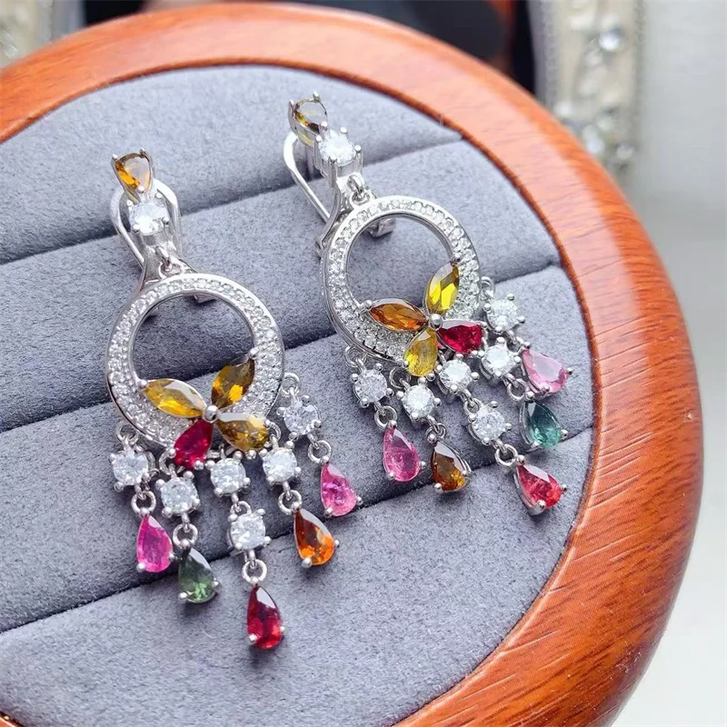 

925 Sterling Silver Drop Earrings Natural Tourmaline Topaz Anniversary Gift Christmas Fine Jewelry Elegant With Certificate