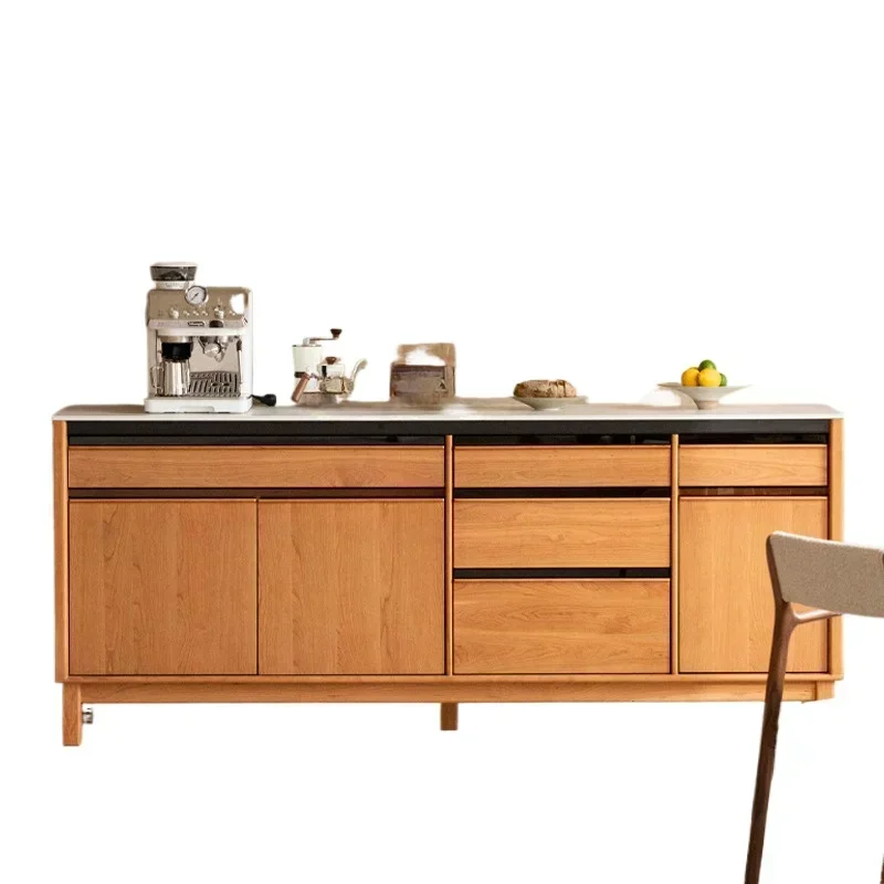Japanese-Style Solid Wood Sideboard Cabinet Black Walnut Stone Plate Lower Wall Locker for Kitchen Dining Room