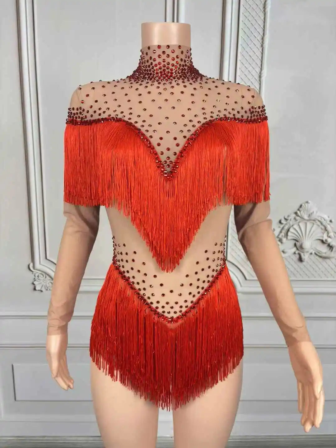 Błyszczący Kombinezon z Dżetami i Frędzlami Damski Seksowny Siateczkowy Kostium na Występy Taneczne Urodziny Imprezę Dancer Klub Nocny Scena