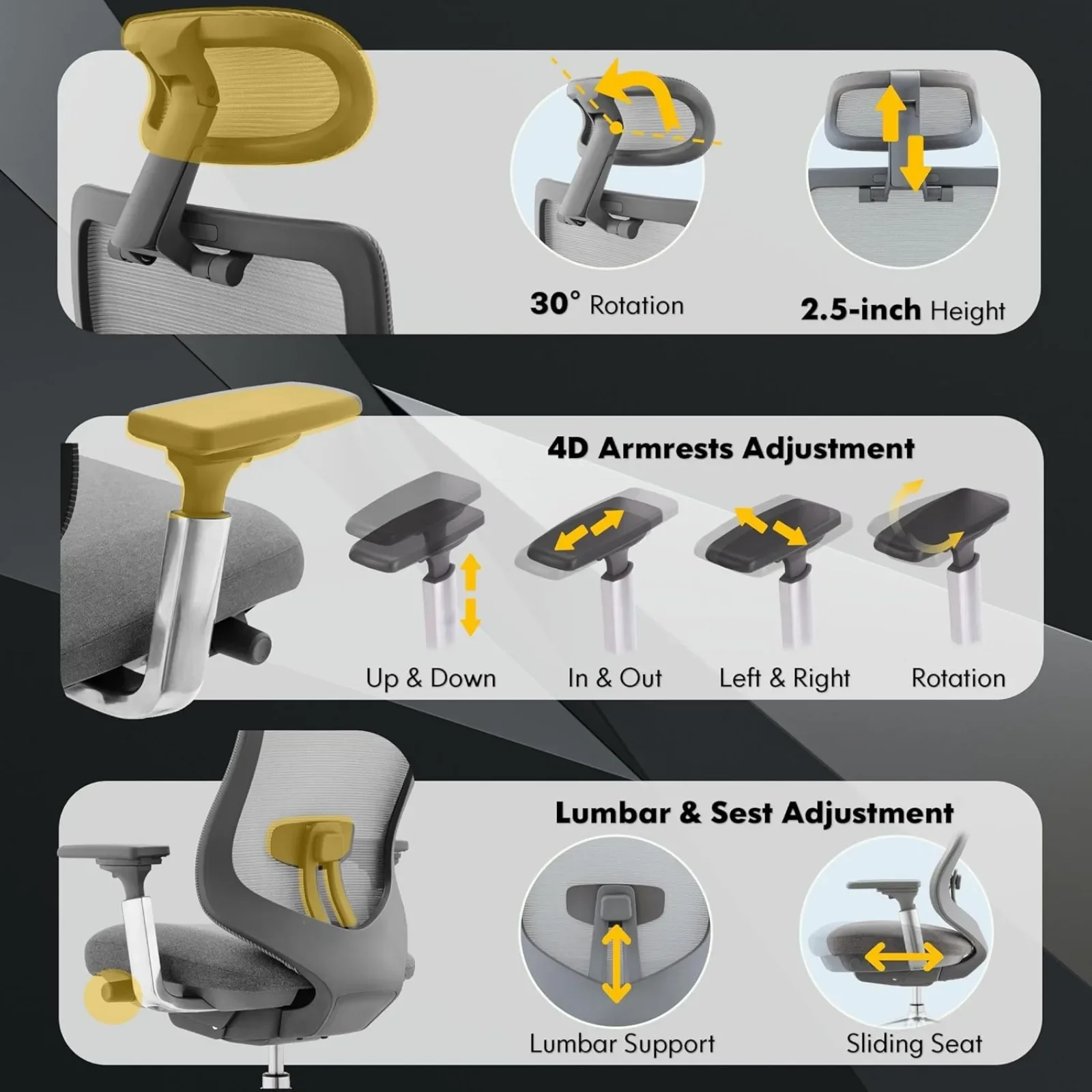 Chaise de bureau ergonomique en maille américaine, siège coulissant, siège inclinable, dossier haut, repos de sauna réglable, bras 4D