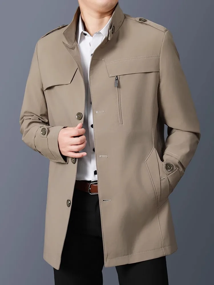 

Men's Faionable Windproof Stand Collar Jaet Mid-Length Thin Sle Busin Casual Coat Autumn Season Polyester Fiber