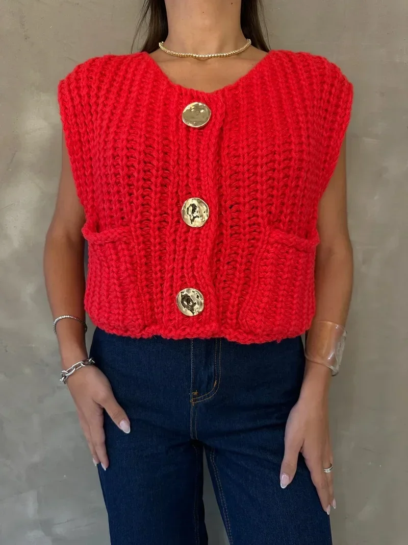 Red Chunky Sweater Vest Top with Gold Button Pocket Front Sleeveless Knitted Cardigan Sweater Women Streetwear