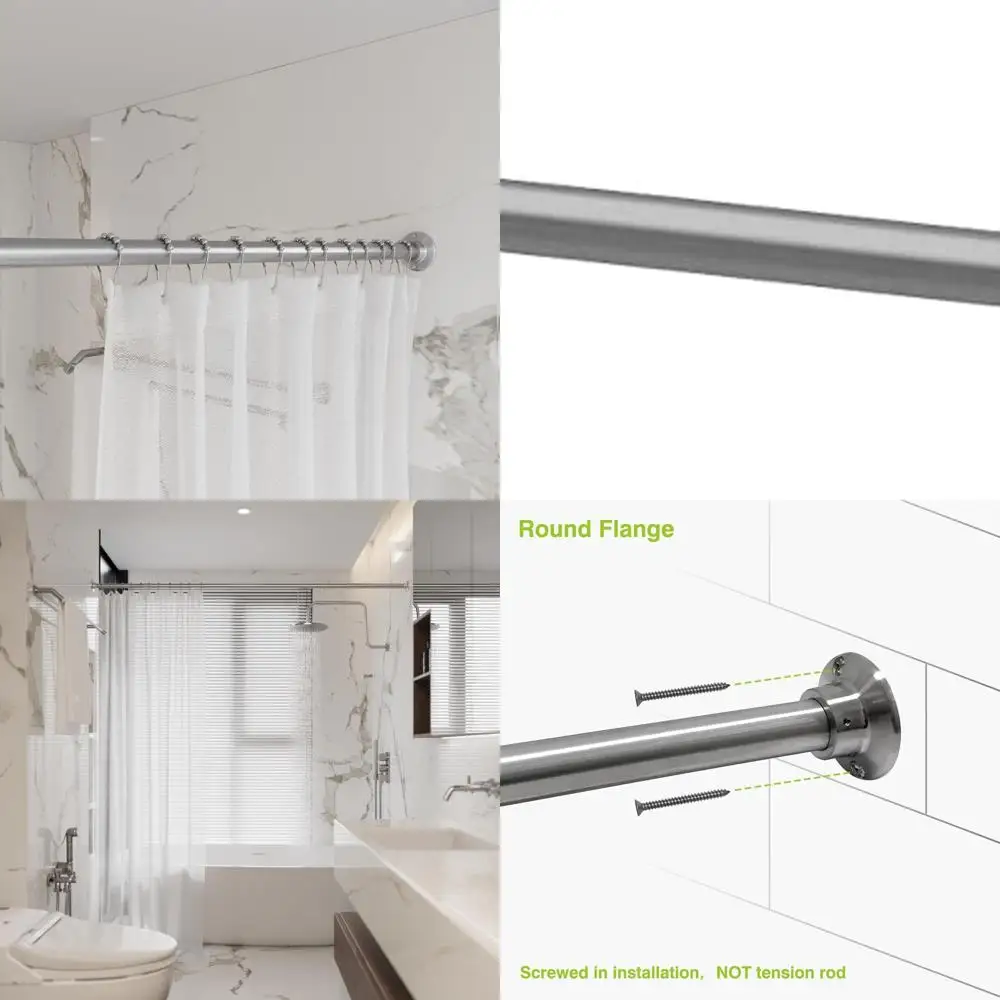 

60 Rustproof Stainless Steel Shower Curtain Rod with Flanges, Brushed Nickel, for Bathroom, Windows, Closets
