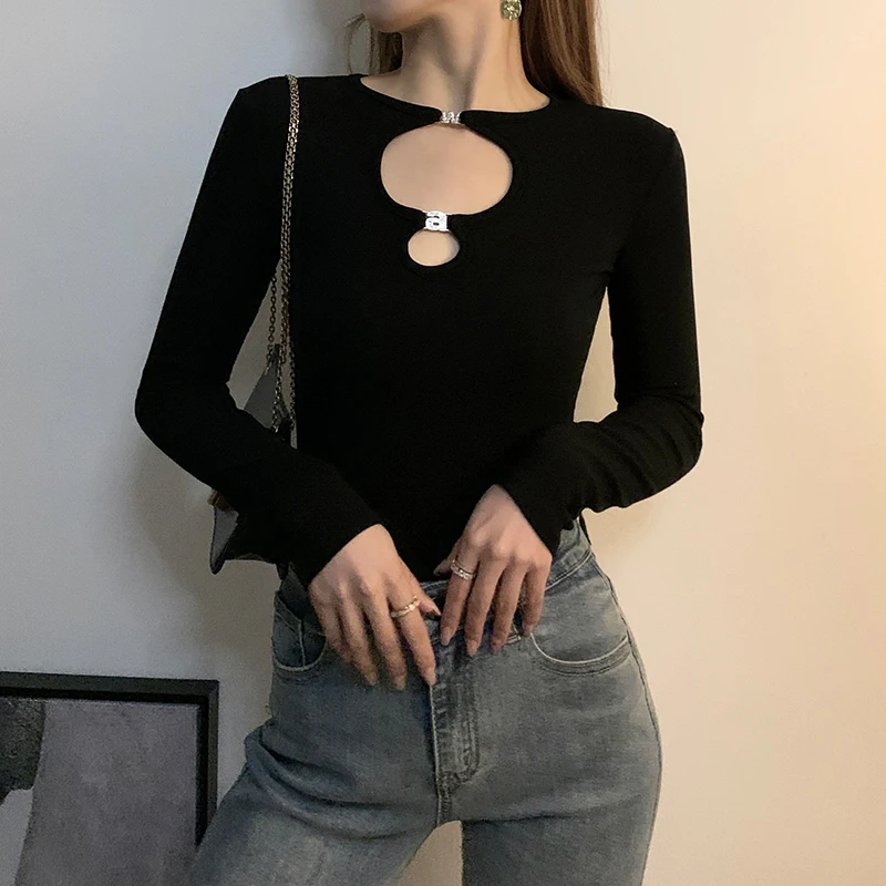 

Женская модная весенняя футболка-топ с вырезами, облегающая, сексуальная, из трикотажного хлопка, базовый слой