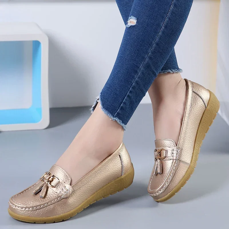 Spring Summer Breathable Casual Loafers For Women Platform Leather Comfort Wedge Moccasins Ladies Vulcanized Sneakers 44