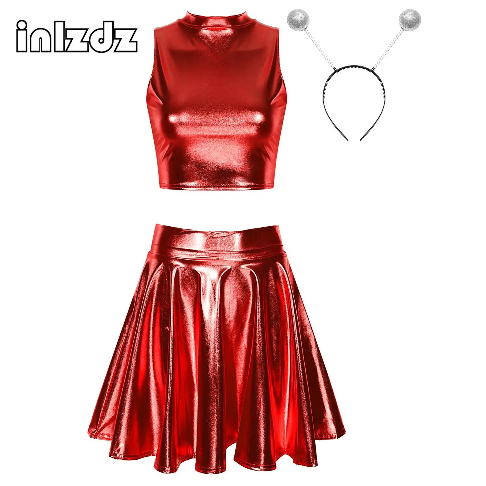 

Womens Halloween Club Stage Costume Metallic Shiny Sleeveless Crop Top with High Waist Ruffle Skirt Hair Hoop Headband Outfits