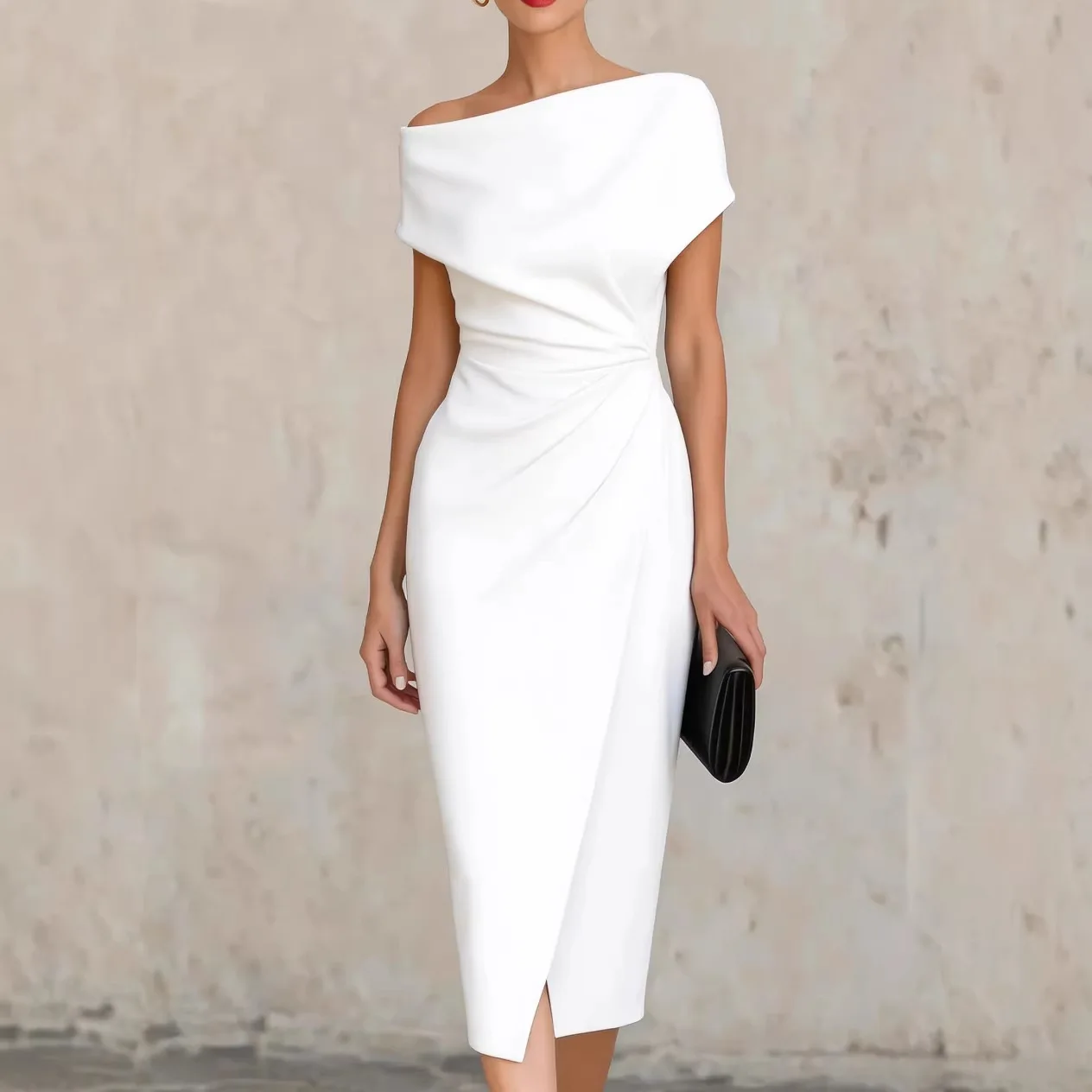 Asymmetrical Off Shoulder Draped Neck Side Twist Ruched Waist Split Midi Pencil Dress