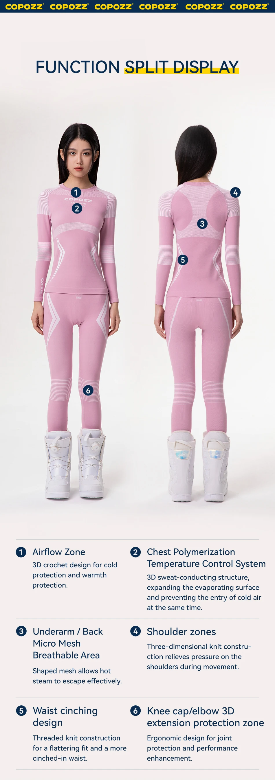 COPOZZ Männer Frauen Ski Thermo-Unterwäsche-Sets, schnell trocknend, funktioneller Kompressions-Trainingsanzug, enge Snowboard-Tops und Hosen für Erwachsene – Detail 9