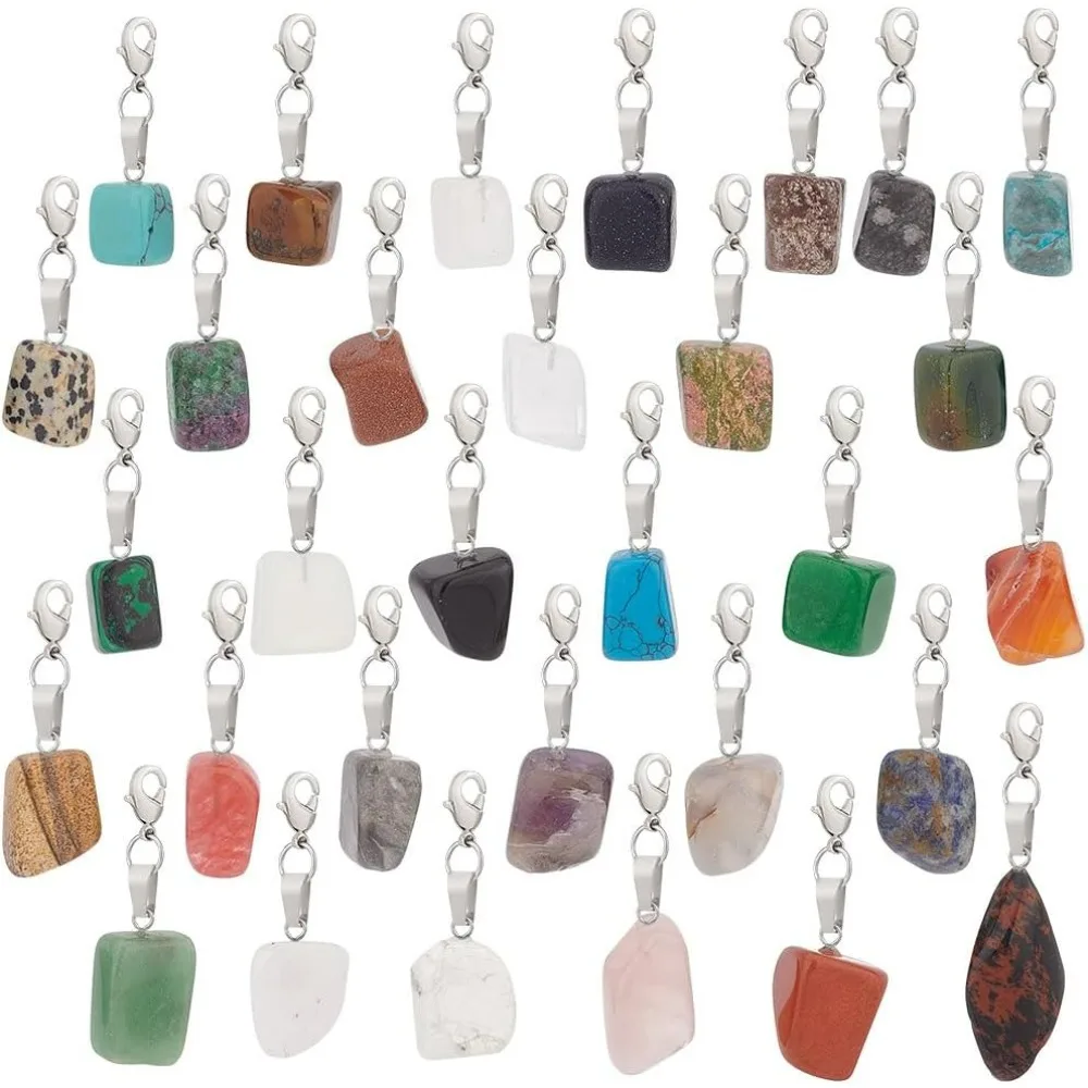 31 Styles Gemstone Block Charm, 38~58mm Natural Irregular Stone Pendant, Quartzite Chakra Stone with Alloy Lobster Clasp for