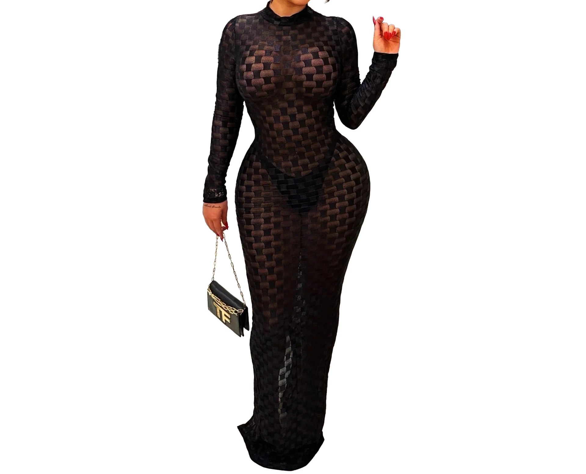 Turtleneck Skinny Women Dresses Sexy Skirt Long Sleeve Bodycon Sexy Streetwear Party Club Hollow out Long Dress