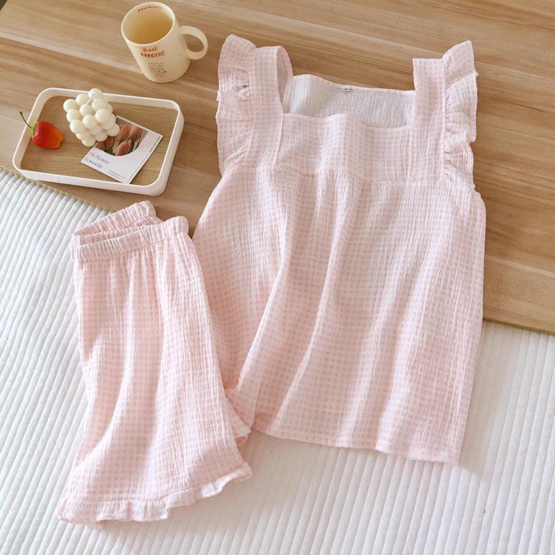 Loose Embroidered Cotton Pajamas for Women Summer Sleeveless Shorts Home Wear Suit Square Collar Sexy Sleepwear 2 Piece Sets