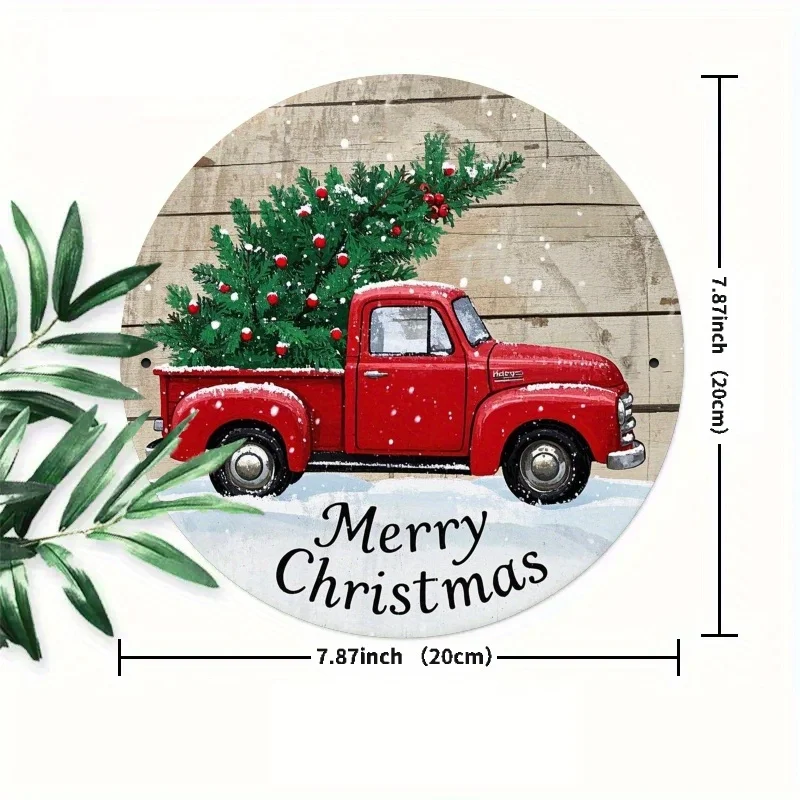 [2D شقة] 1 قطعة شاحنة حمراء عتيقة إكليل عيد الميلاد علامة معدنية-جولة 2D الحديد المسطح آرت ديكو ، عطلة احتفالية الجدار والباب شنقا f