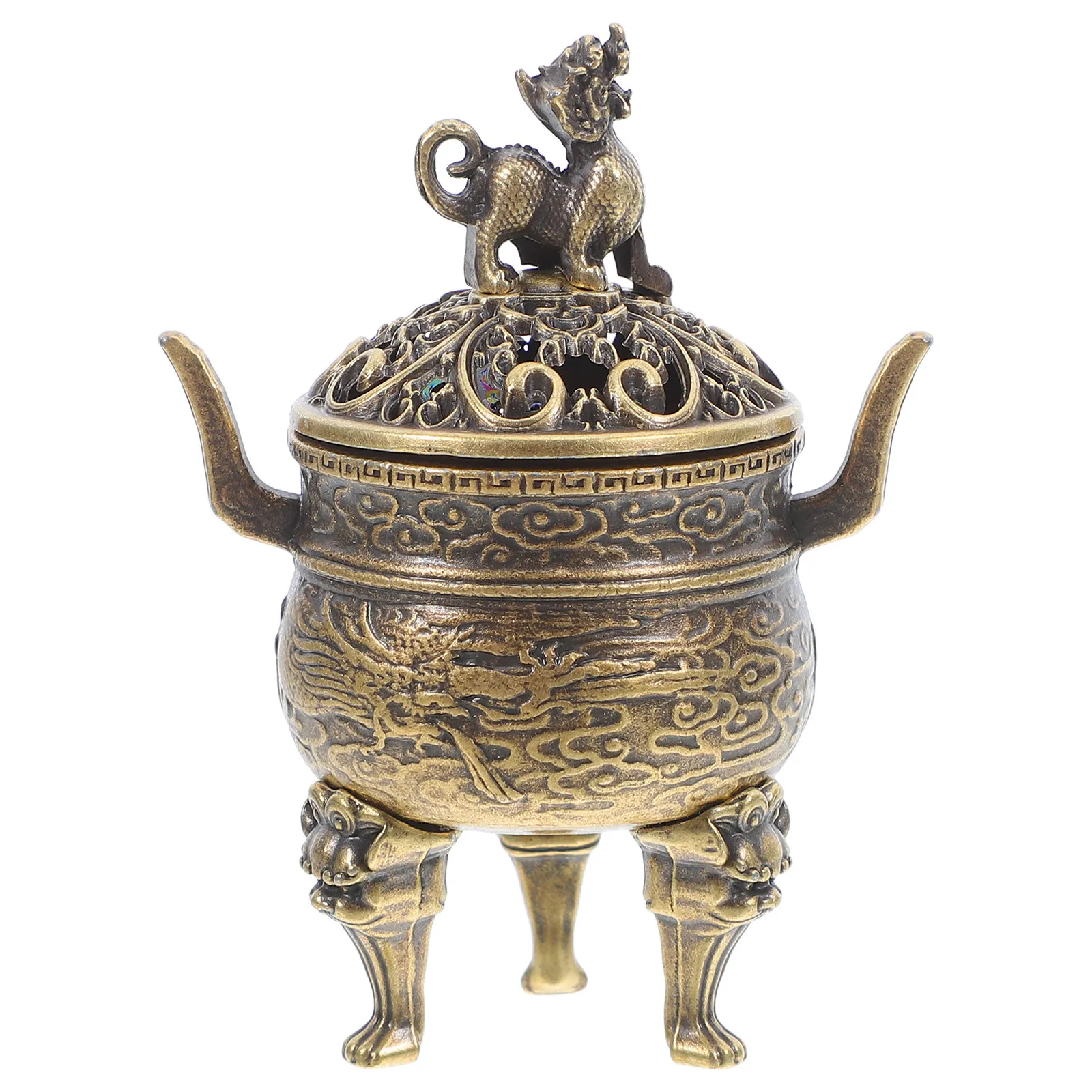 Mini Copper Incense Burner Three-Legged Dual Handle Lid Vintage Feng Shui Aromatherapy Ornament Home Office Chinese Style