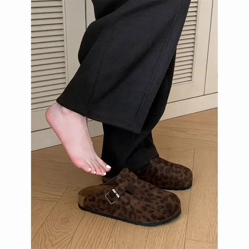 Women Retro Leopard Print Thin Strip Half Slippers Arch Support Non Slip Open Toe Mules Summer Spring Casual Outdoor Beach