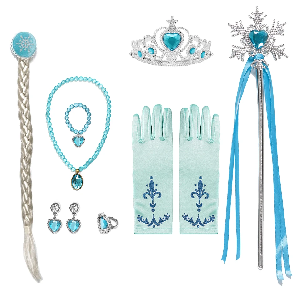 Conjuntos de Acessórios para Cosplay para Bebés, Frozen Elsa, Anna, Princesa Sereia, Ariel, Coroa, Varinha Mágica, Colar, Peruca, Luvas, Presente