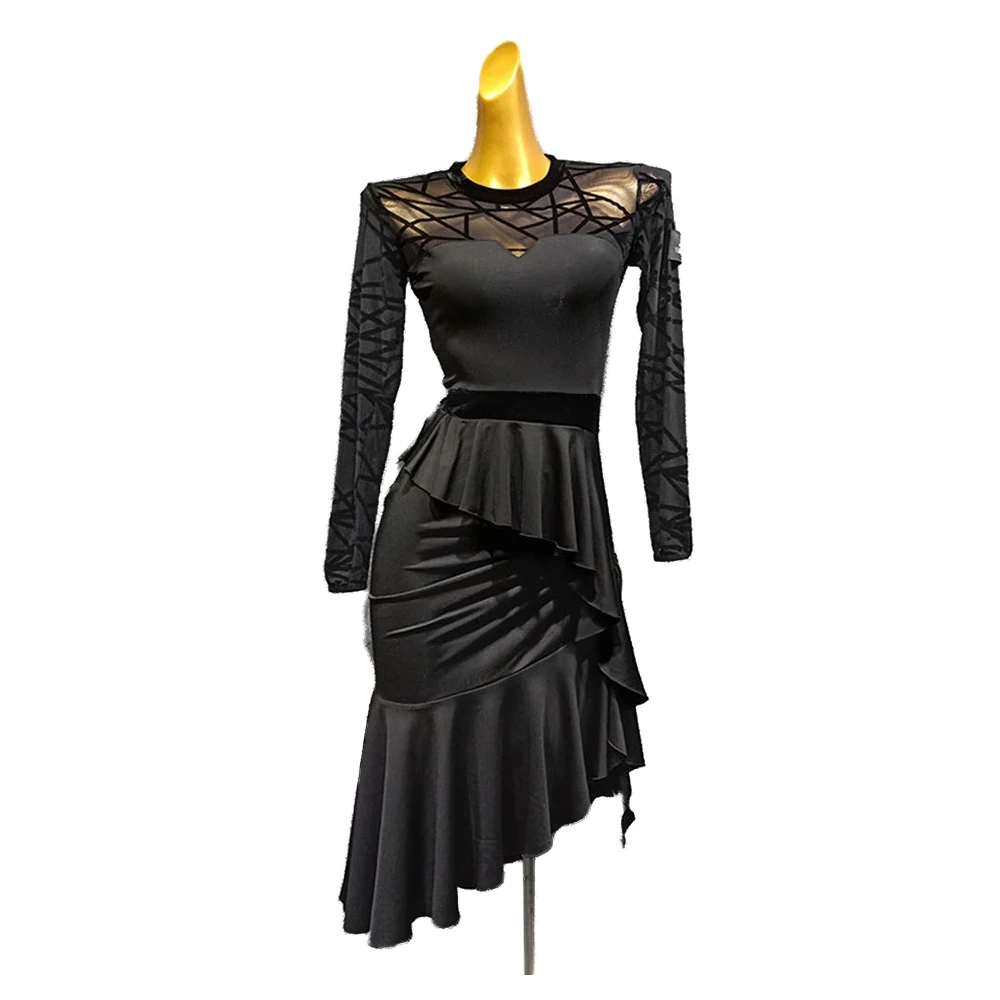 Robe de danse latine à manches longues pour femmes, design en dentelle, phtalperformance, salle de Rh, samba, tango, T046