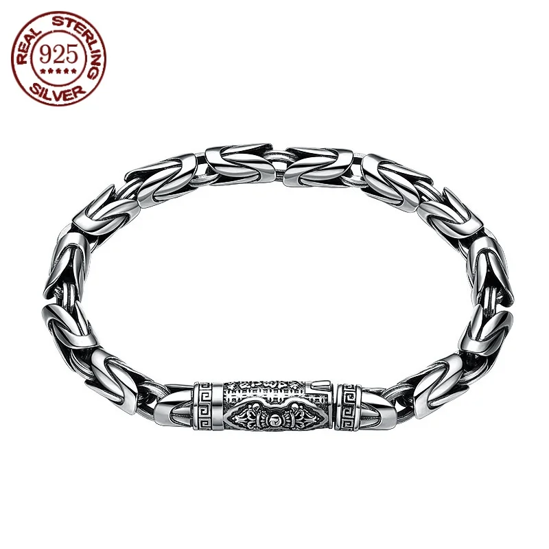 New Handmade Retro 925 Sterling Silver Men's Safety Woven Bracelet Pestle Trendy Hip-hop Niche Thai Bracelet Jewelry