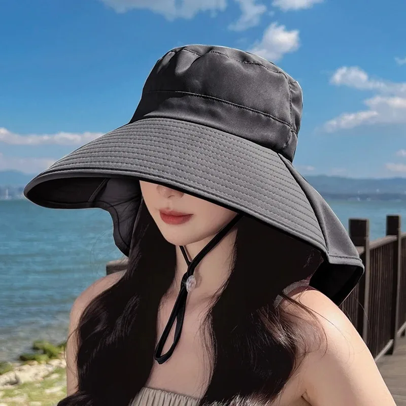 Sombrero de Sol de estilo coreano para mujer, gorra de pescador de algodón con visera grande, protección para el cuello, Color sólido, 2024