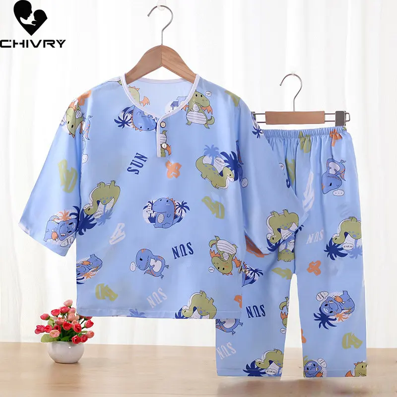 

New 2023 Kids Boys Girls Summer Pajamas Cartoon Three-quarter Sleeve Cute T-Shirt Tops with Pants Baby Sleeping Clothes Sets