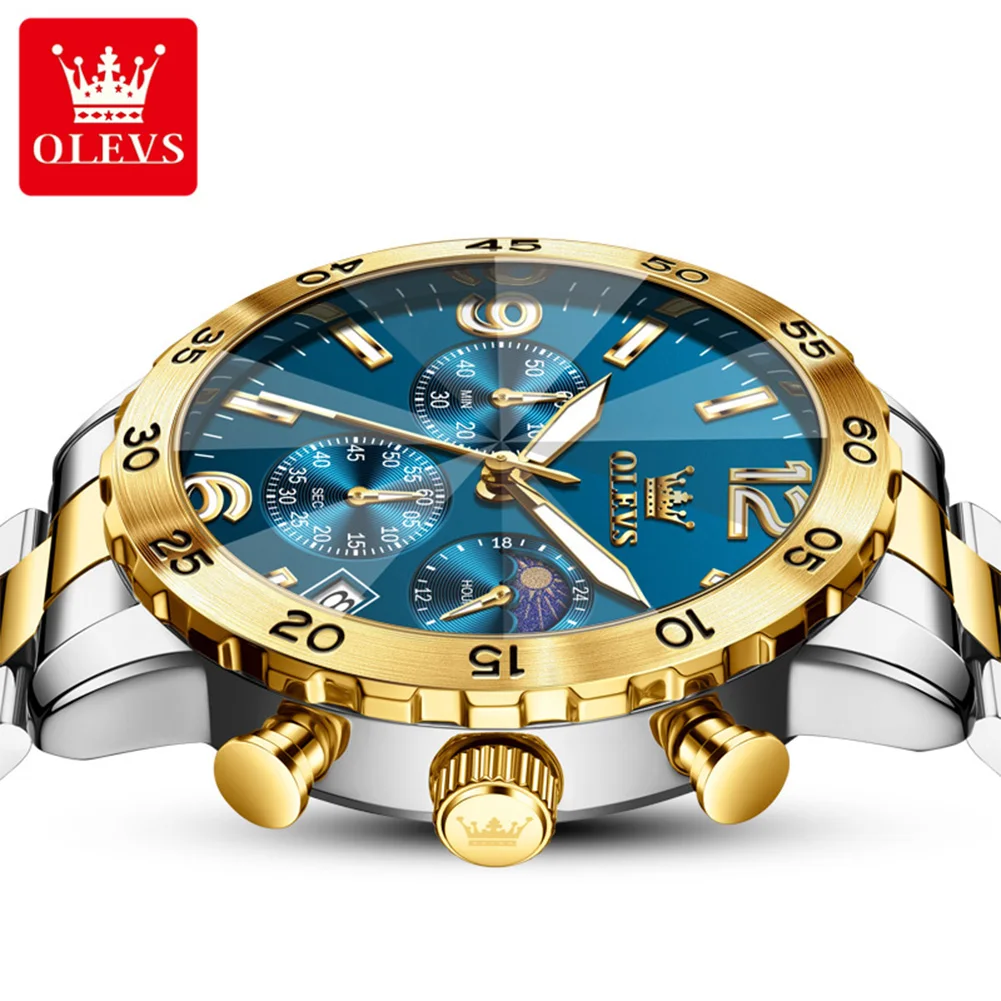 OLEVS 3678 Luxury Man Watch Rhombus Mirror Multifunction Quartz Watch for Men Waterproof Moon Phase Chrono Stainless Men's Watch