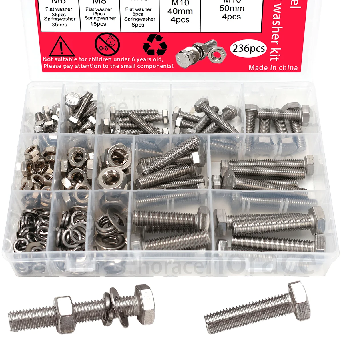 236pcs Stainless Steel Hex Bolts, Nuts and Washers Set | M6/M8/M10 | Includes Spring Washer | Suitable for DIY and Machining