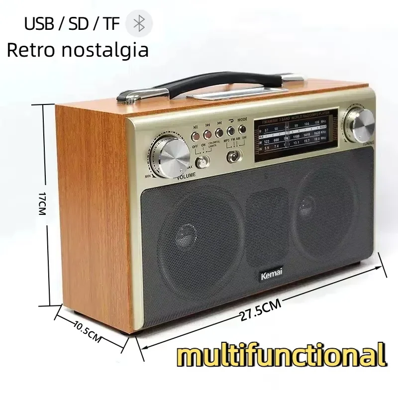 

MD-1702BT Portable Wireless Bluetooth Speaker Hifi Sound Quality Rechargeable with Color Lights Desktop Retro Wooden Radio AUX