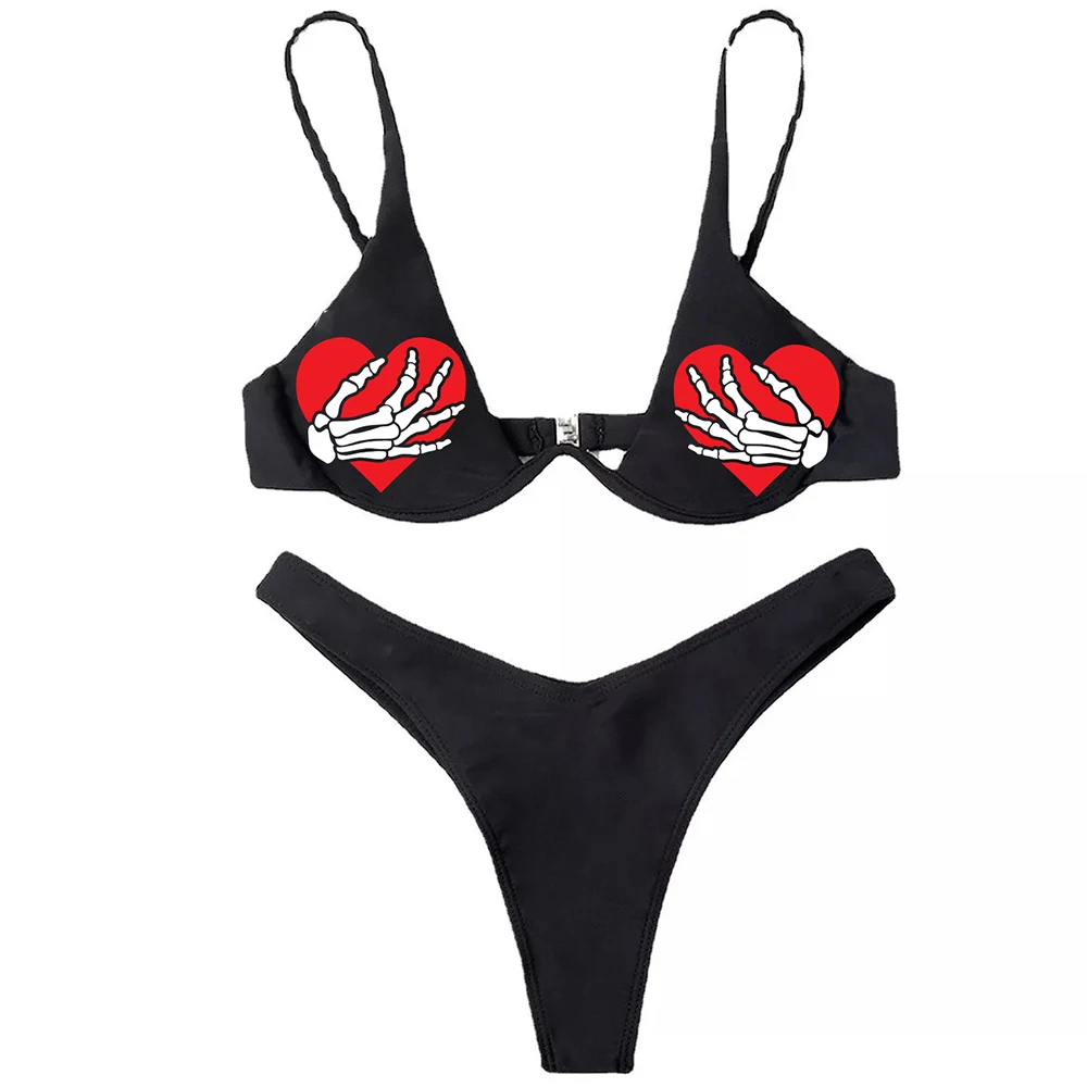 Gothic Underwire Bikini 2025 Women Skeleton Hand Print Bra Thong Swimsuit Split Bathing Suit Underwear Y2K Bikinis Punk Swimwear