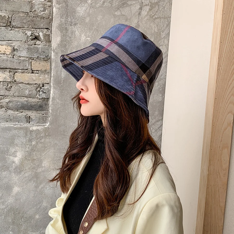 Plaid Colourful Fisherman\'s Hat Women Korean Suede Basin Hat Casual Foldable Warm Hat Fashionable Soft 56-58cm