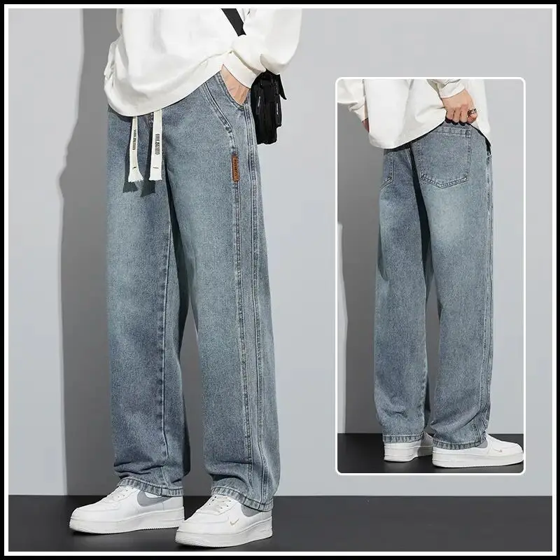 

Autumn Winter Plus Fleece Thicken Men Straight Jeans Vintage Wide Leg American Loose Thermal Distressed Washed All-match Pants