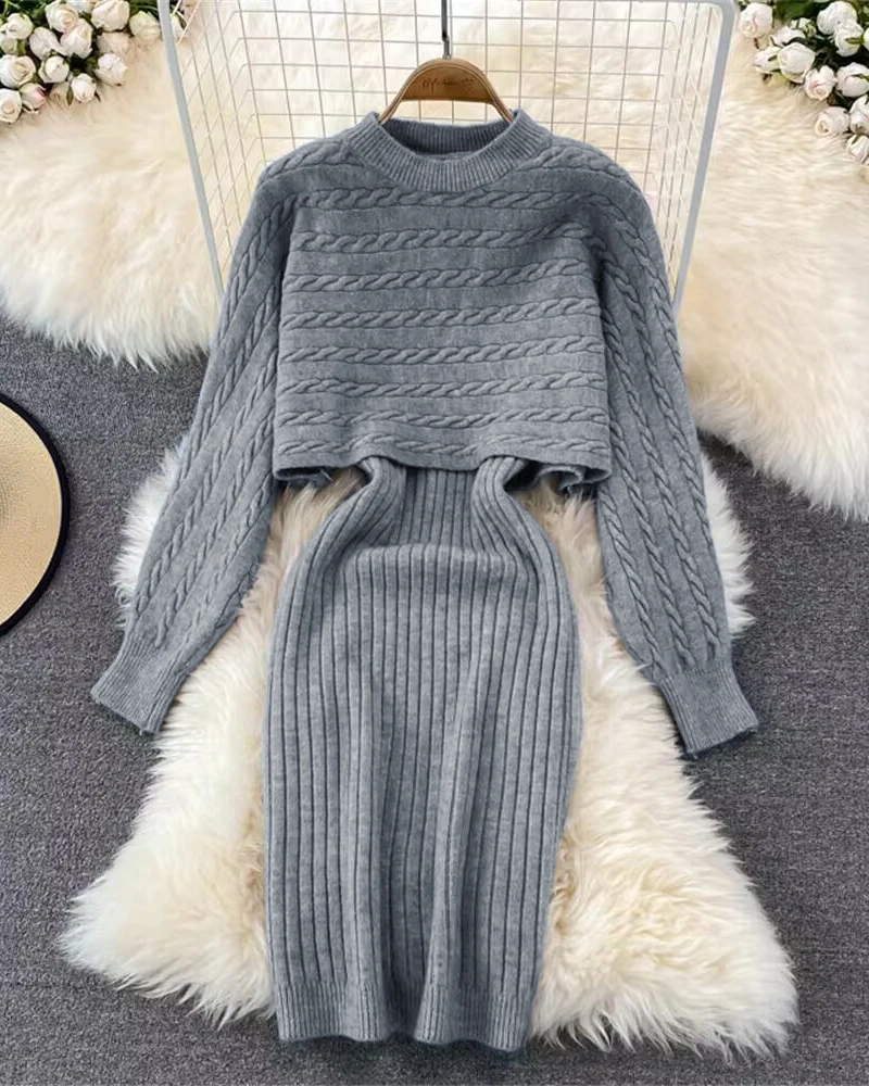 Elegant 2-Piece Sets for Women Autumn/winter 2024 New Elegant Fried Dough Twists Knitted Long Sleeve Top Strap Wool Skirt Set