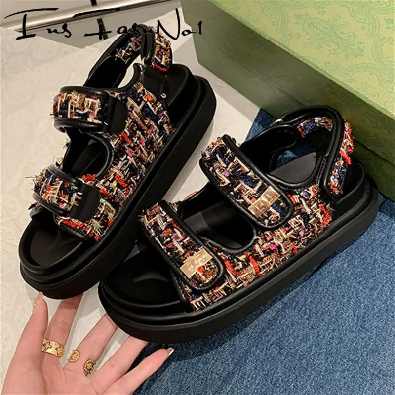 Casual Metal Decoration Women\'s Sandals Fashion Thick Bottom Platform Flat Heel Beach Shoes Female Hook Loop Sandals Increasing