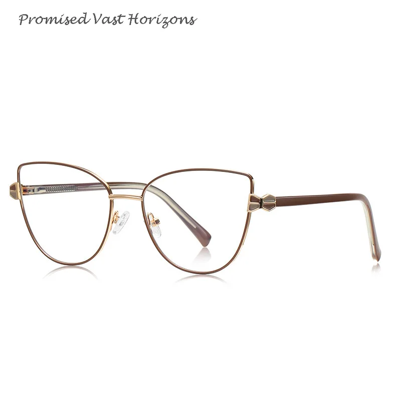 Dipinto doppio color caramello in metallo su acciaio inossidabile con lenti Plano decorative anti luce blu Montature per occhiali Cat Eye popolari